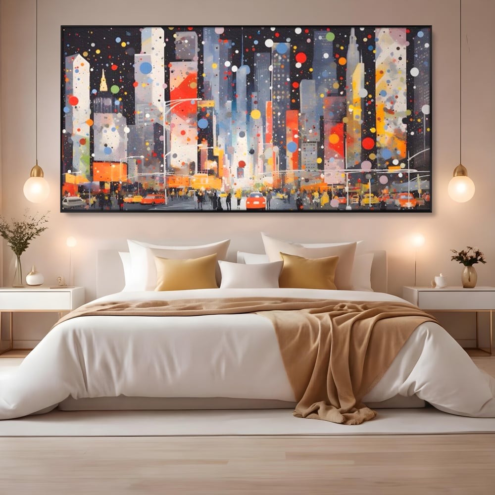 Tablou canvas cu pictura abstracta cu peisaj urban nocturn, in rama de aluminiu negru, pe perete intr-un dormitor