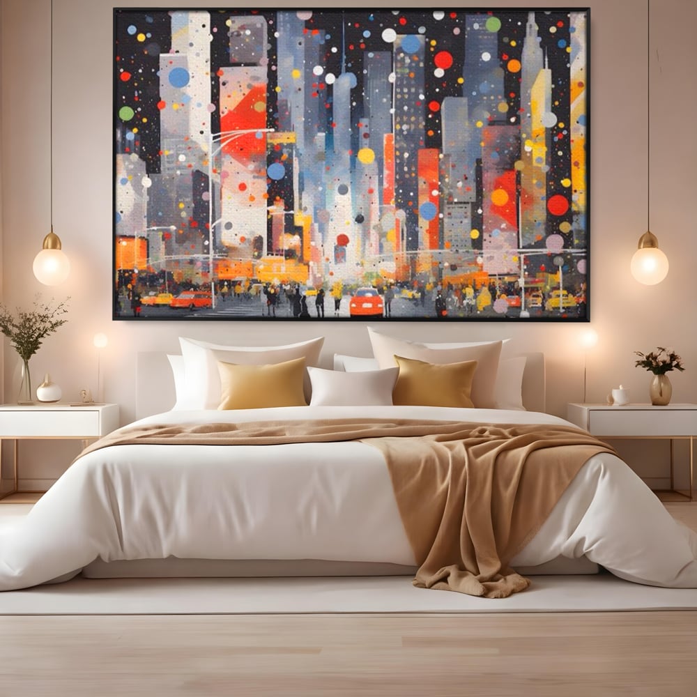 Tablou canvas cu pictura abstracta cu peisaj urban nocturn, in rama de aluminiu negru, pe perete intr-un dormitor