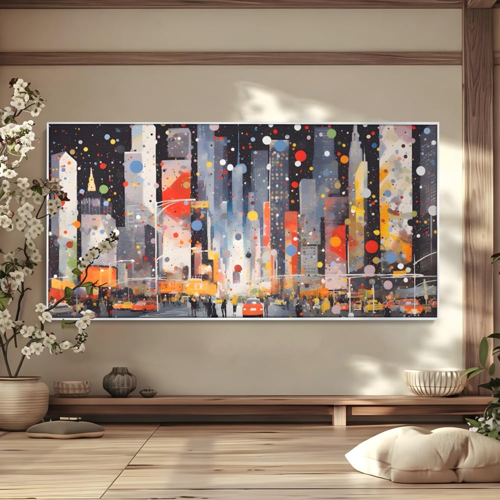 Tablou canvas cu pictura abstracta cu peisaj urban nocturn, in rama de aluminiu argintiu