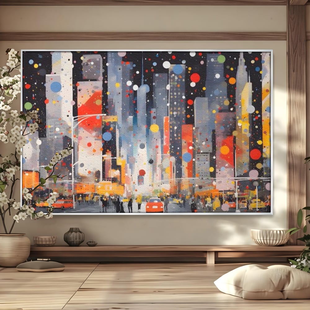 Tablou canvas cu pictura abstracta cu peisaj urban nocturn, in rama de aluminiu argintiu