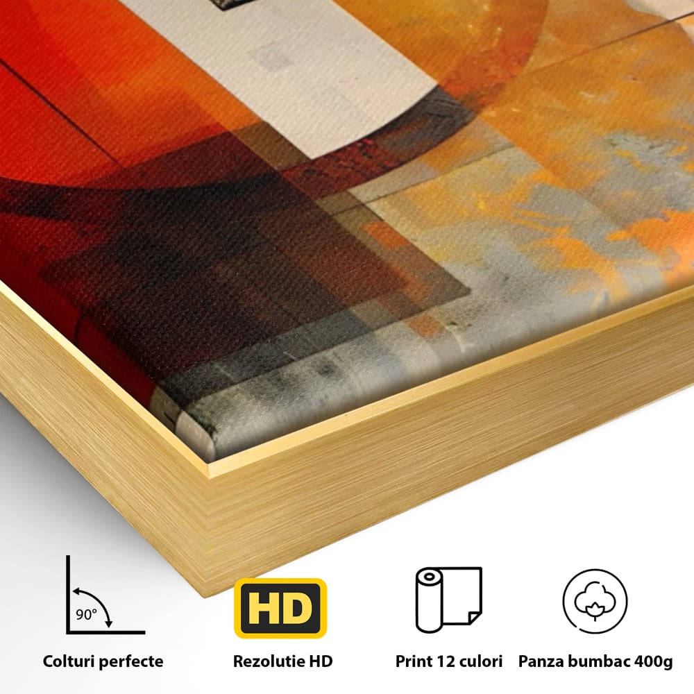 Detaliu al suprafetei: tablou canvas cu compozitie abstracta geometrica, in rama de aluminiu auriu