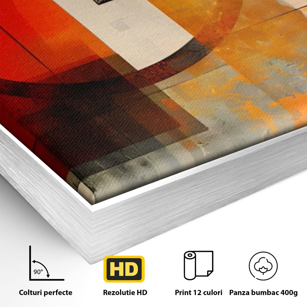 Detaliu al suprafetei: tablou canvas cu compozitie abstracta geometrica, in rama de aluminiu argintiu