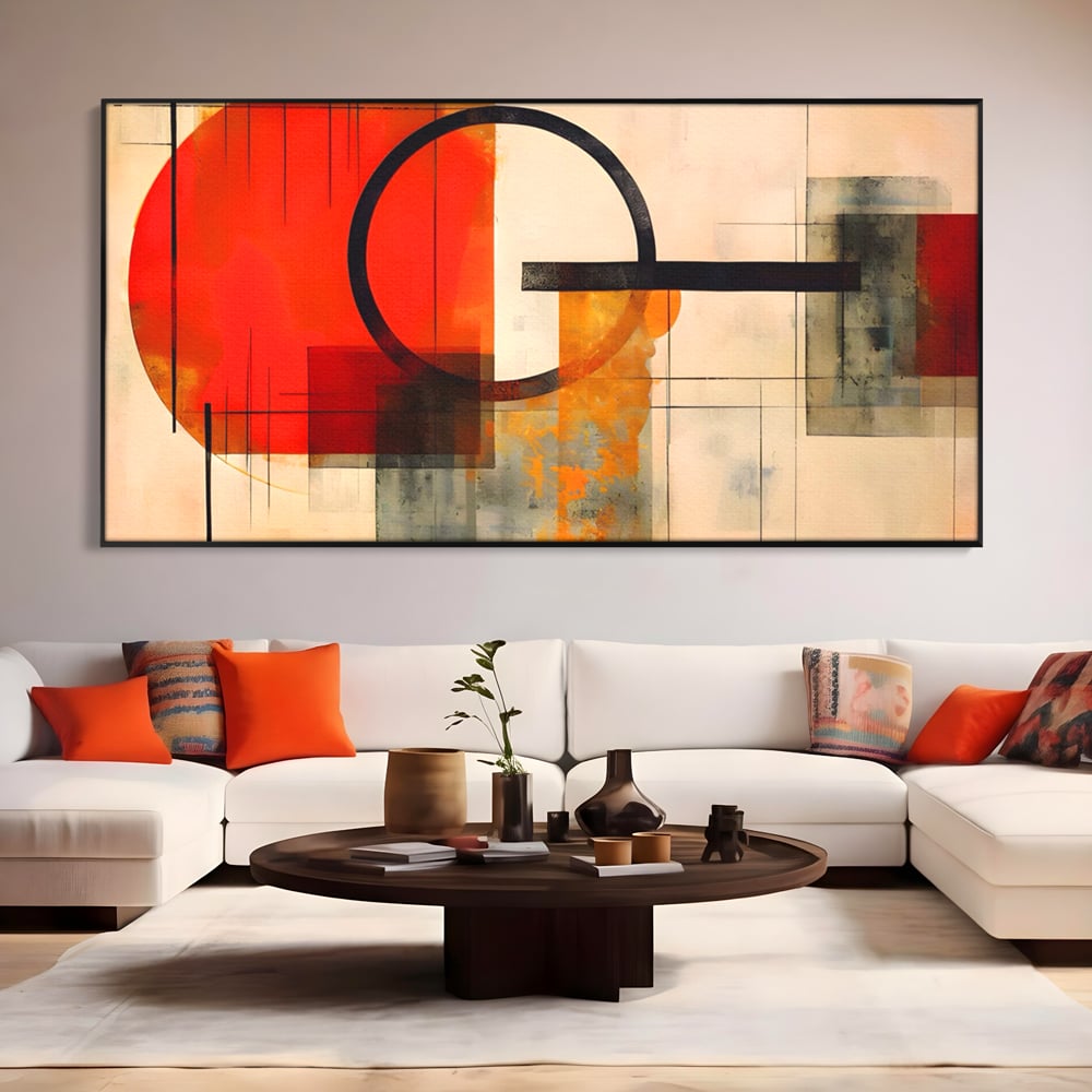 Tablou canvas cu tablou canvas cu compozitie abstracta geometrica, in rama de aluminiu negru, pe perete intr-un living