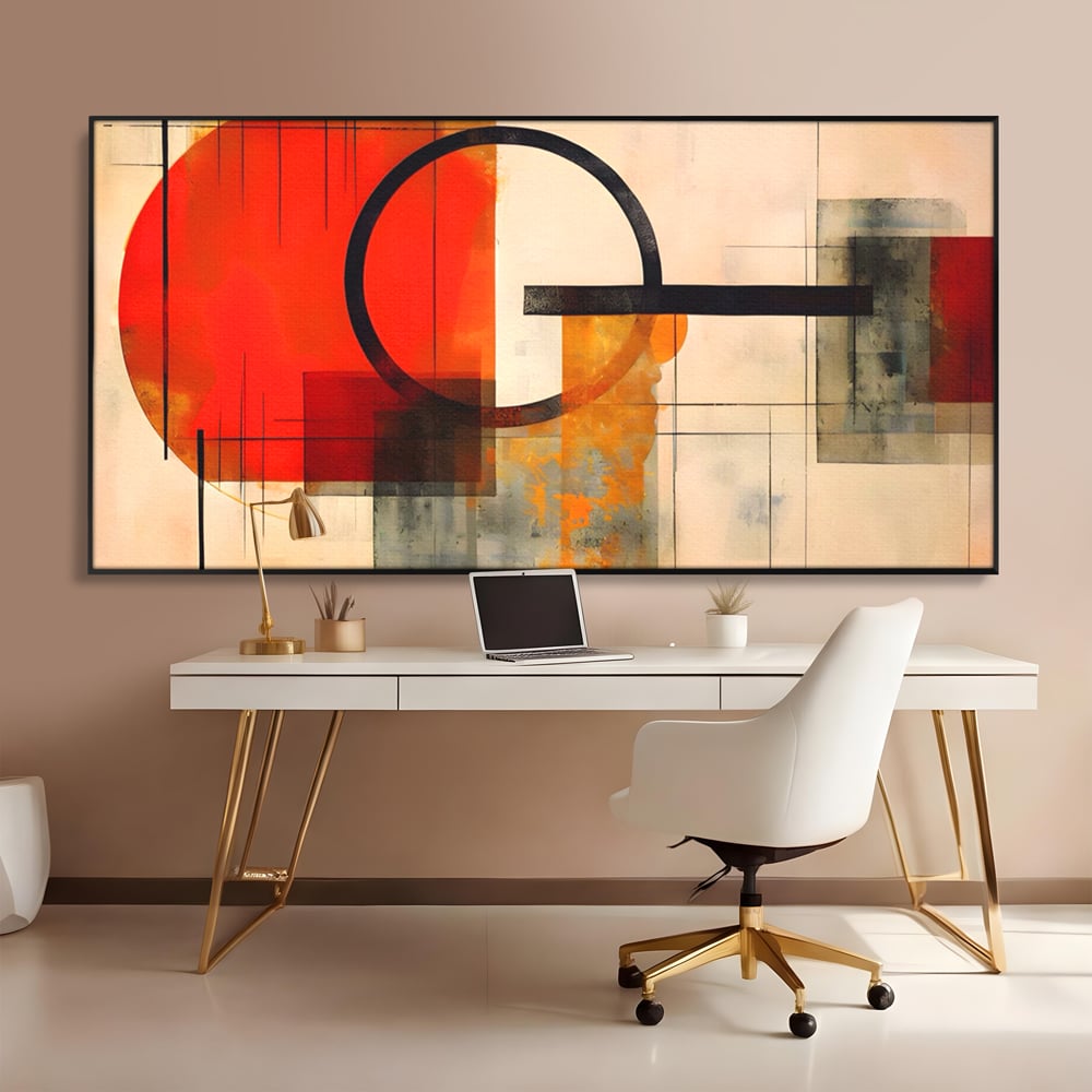 Tablou canvas cu tablou canvas cu compozitie abstracta geometrica, in rama de aluminiu negru, pe perete intr-un birou