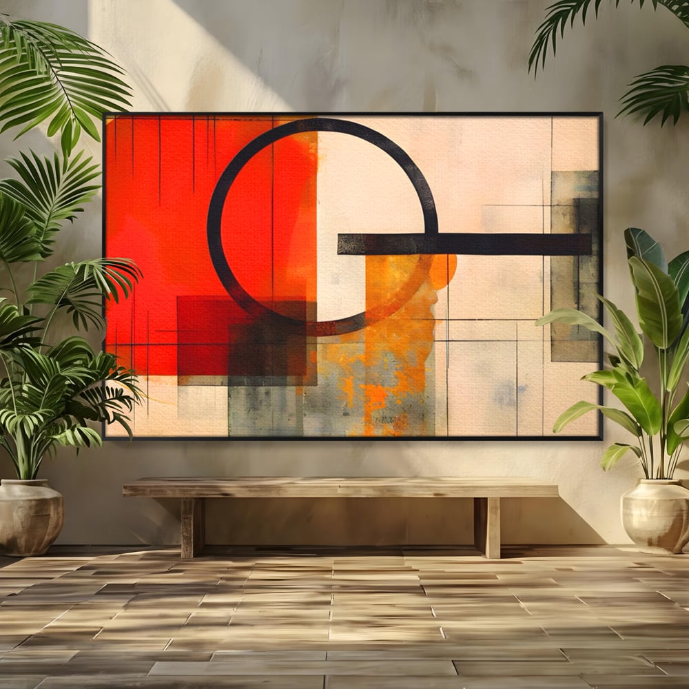 Tablou canvas cu tablou canvas cu compozitie abstracta geometrica, in rama de aluminiu negru