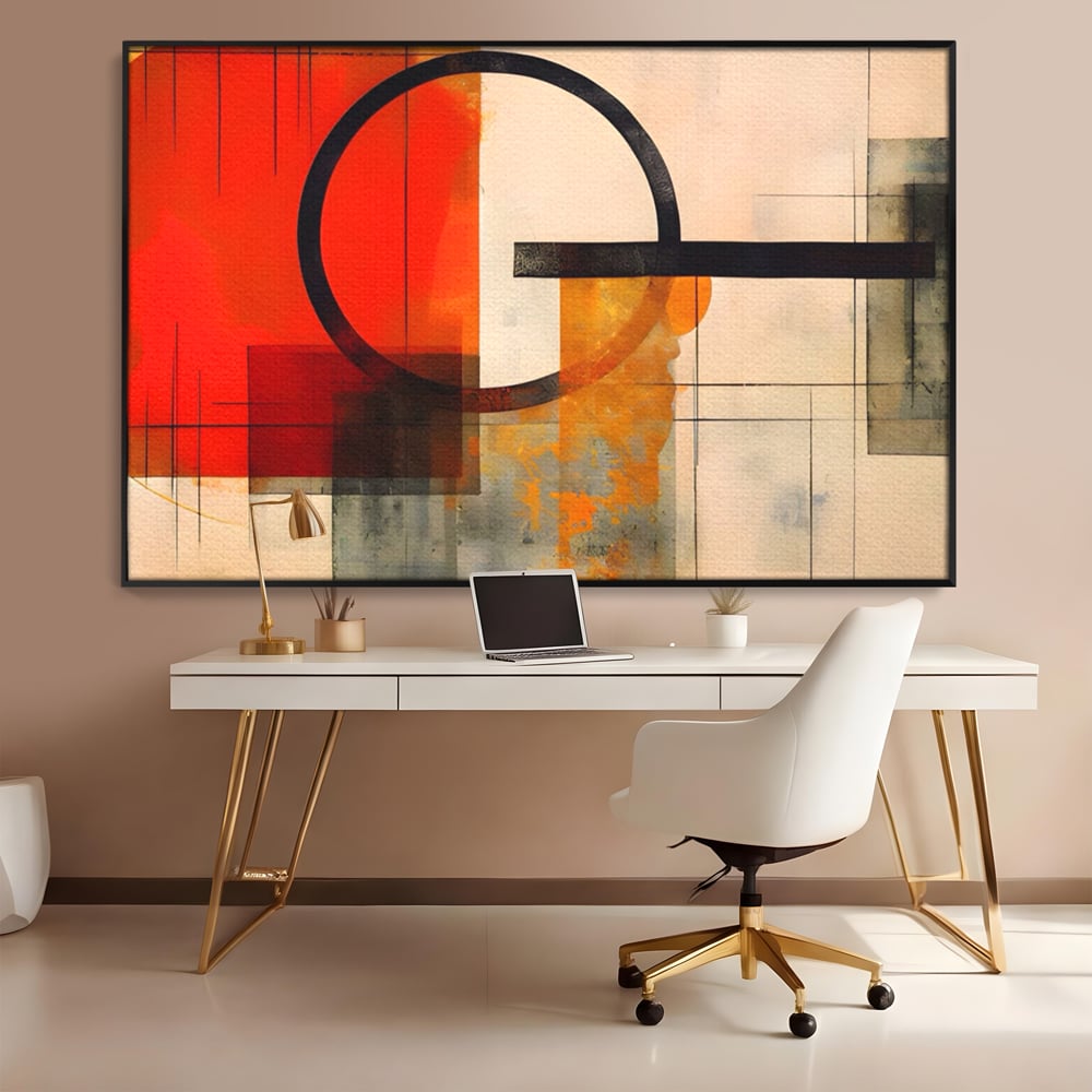 Tablou canvas cu tablou canvas cu compozitie abstracta geometrica, in rama de aluminiu negru, pe perete intr-un birou