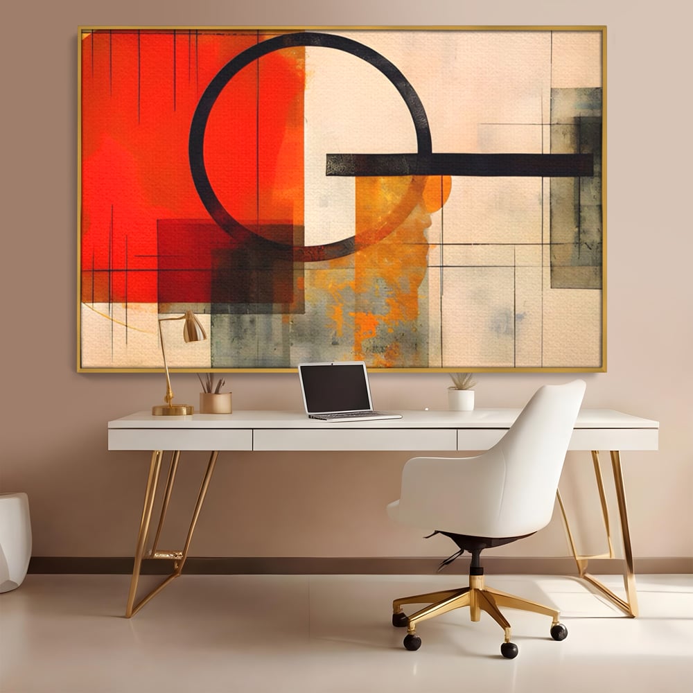 Tablou canvas cu tablou canvas cu compozitie abstracta geometrica, in rama de aluminiu auriu, pe perete intr-un birou