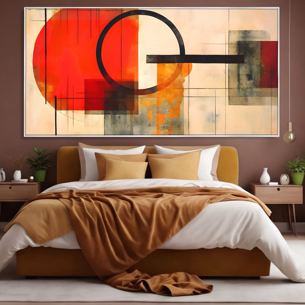 Tablou canvas cu tablou canvas cu compozitie abstracta geometrica, in rama de aluminiu argintiu, pe perete intr-un dormitor
