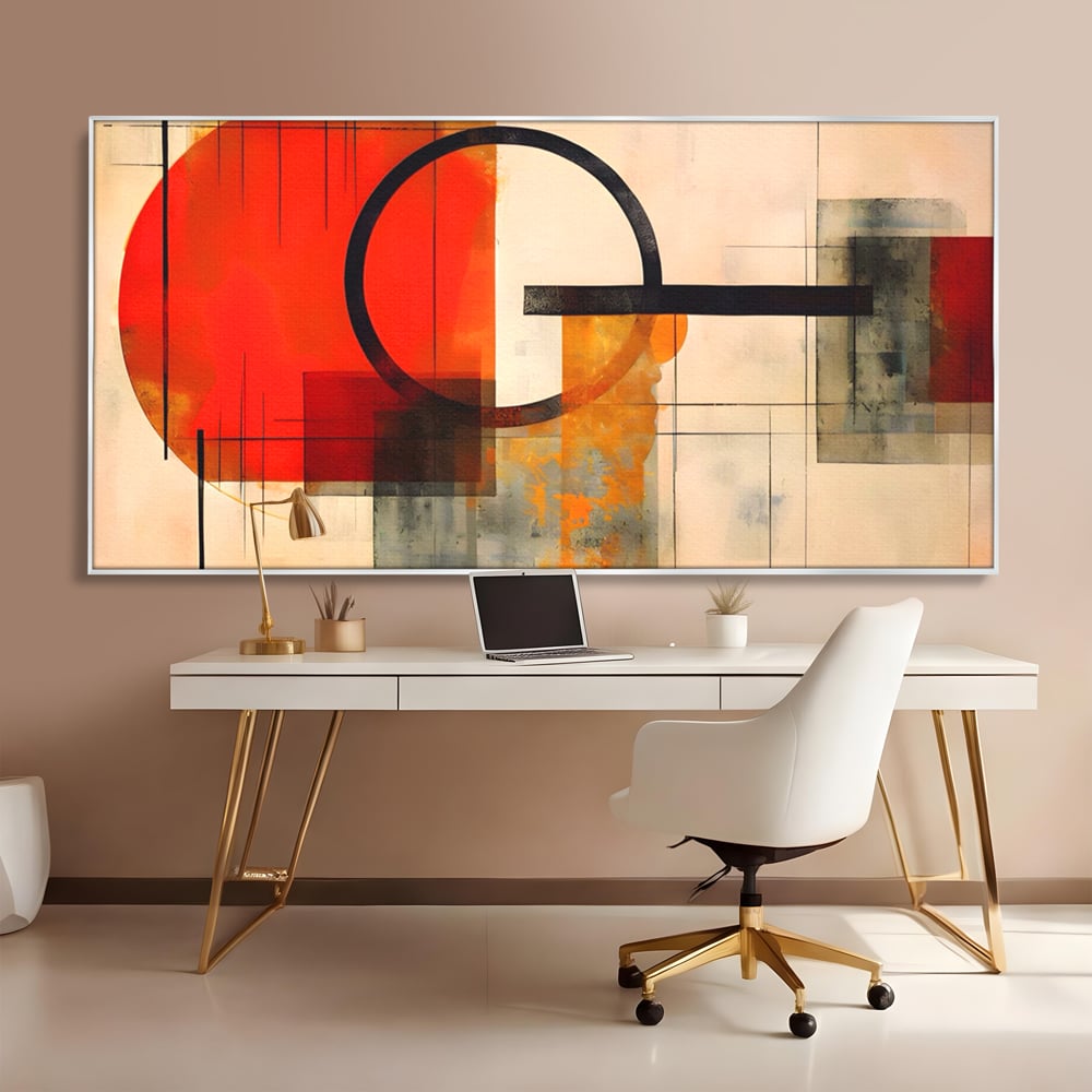 Tablou canvas cu tablou canvas cu compozitie abstracta geometrica, in rama de aluminiu argintiu, pe perete intr-un birou
