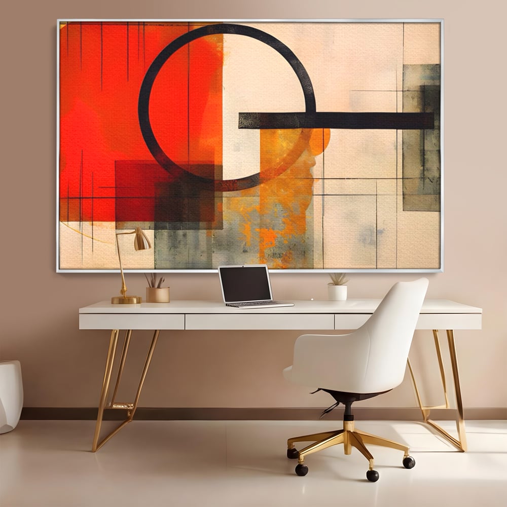 Tablou canvas cu tablou canvas cu compozitie abstracta geometrica, in rama de aluminiu argintiu, pe perete intr-un birou