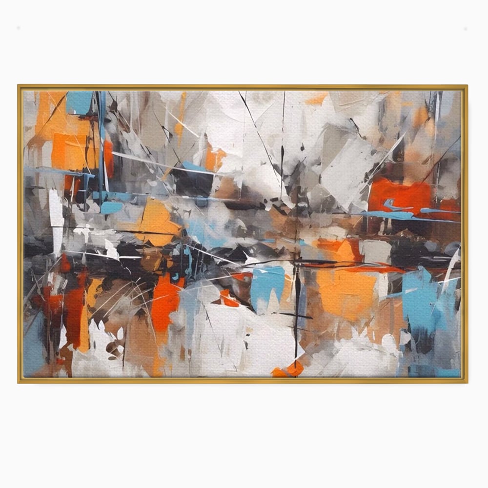 Tablou canvas cu pictura abstracta cu pete portocalii, in rama de aluminiu auriu