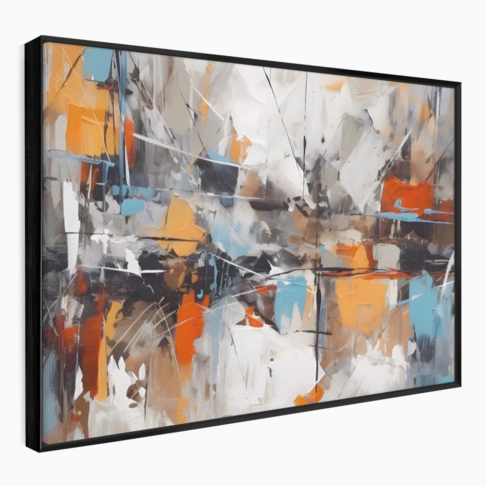 Tablou canvas cu pictura abstracta cu pete portocalii, in rama de aluminiu negru