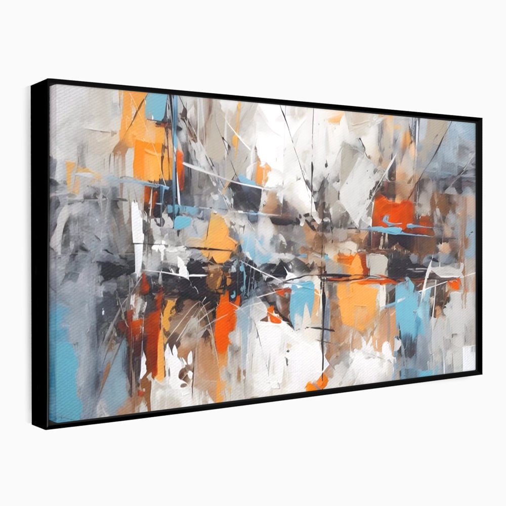 Tablou canvas cu pictura abstracta cu pete portocalii, in rama de aluminiu negru
