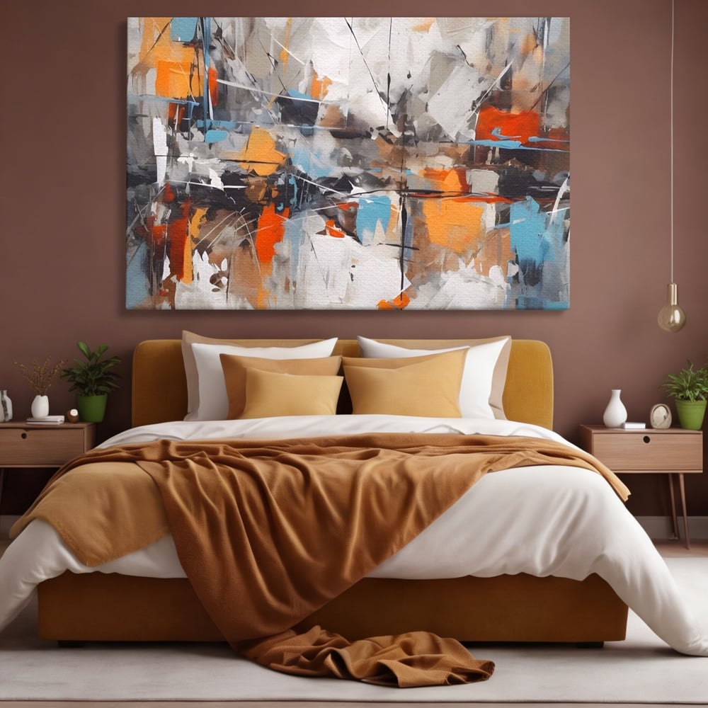 Tablou canvas cu pictura abstracta cu pete portocalii, fara rama, pe sasiu de lemn, pe perete intr-un dormitor