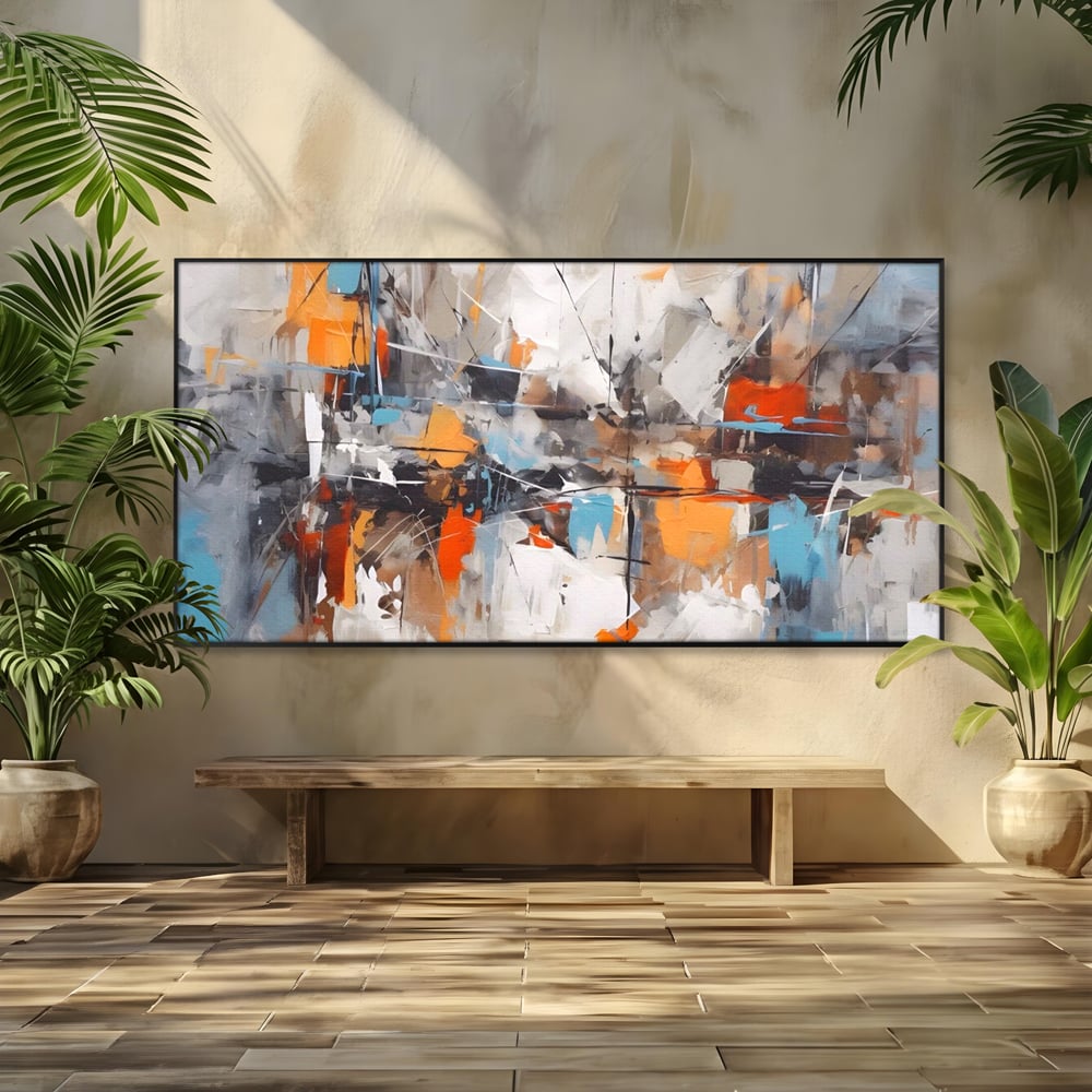 Tablou canvas cu pictura abstracta cu pete portocalii, in rama de aluminiu negru