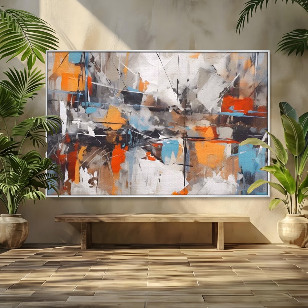 Tablou canvas cu pictura abstracta cu pete portocalii, in rama de aluminiu argintiu