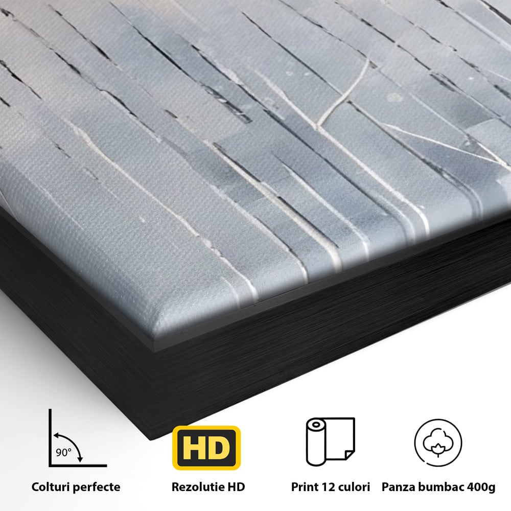 Detaliu al suprafetei: tablou pictat cu trunchiuri subtiri pe fundal albastru, in rama de aluminiu negru