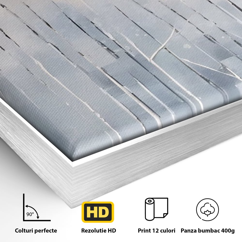 Detaliu al suprafetei: tablou pictat cu trunchiuri subtiri pe fundal albastru, in rama de aluminiu argintiu