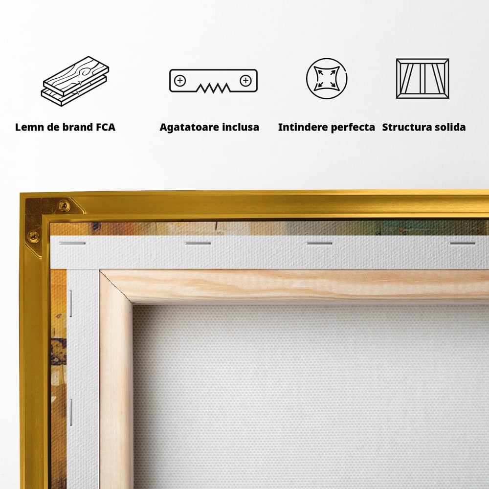 Spatele produsului, cu sasiu din lemn, capse metalice si agatatoare