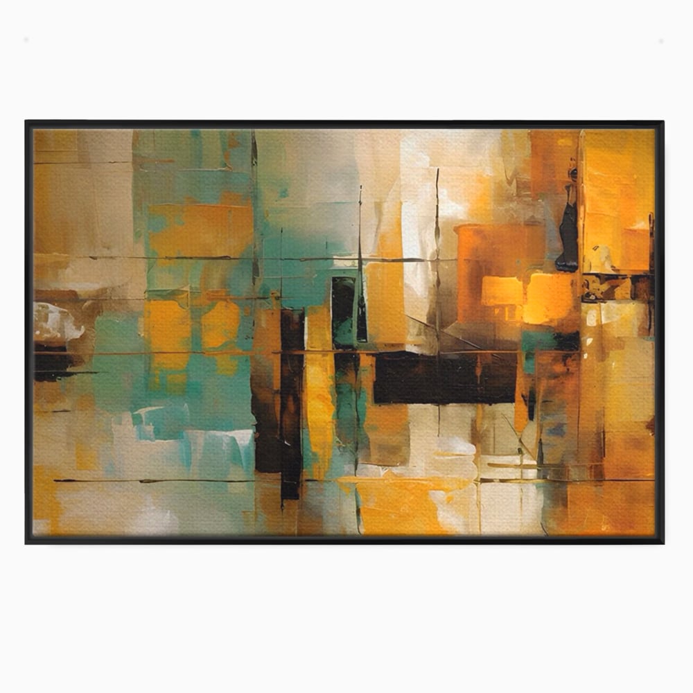 Tablou canvas cu pictura abstracta cu linii si portocaliu, in rama de aluminiu negru