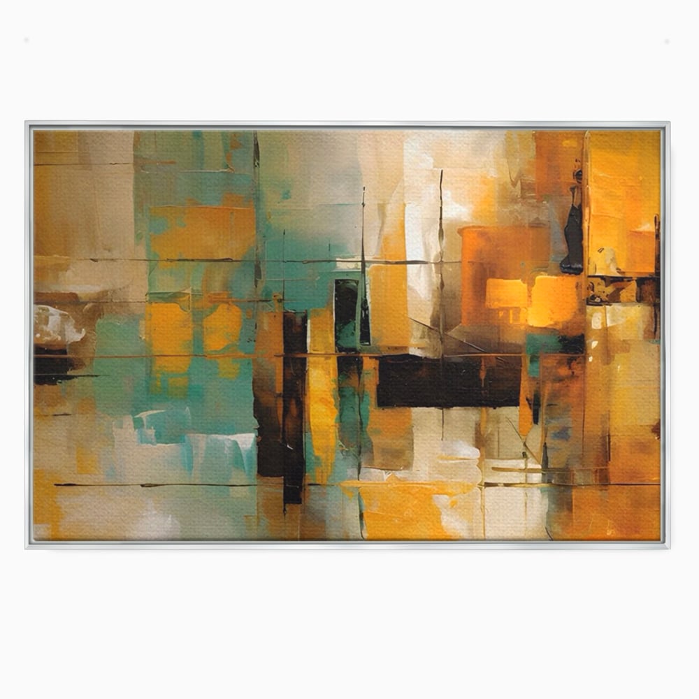 Tablou canvas cu pictura abstracta cu linii si portocaliu, in rama de aluminiu argintiu