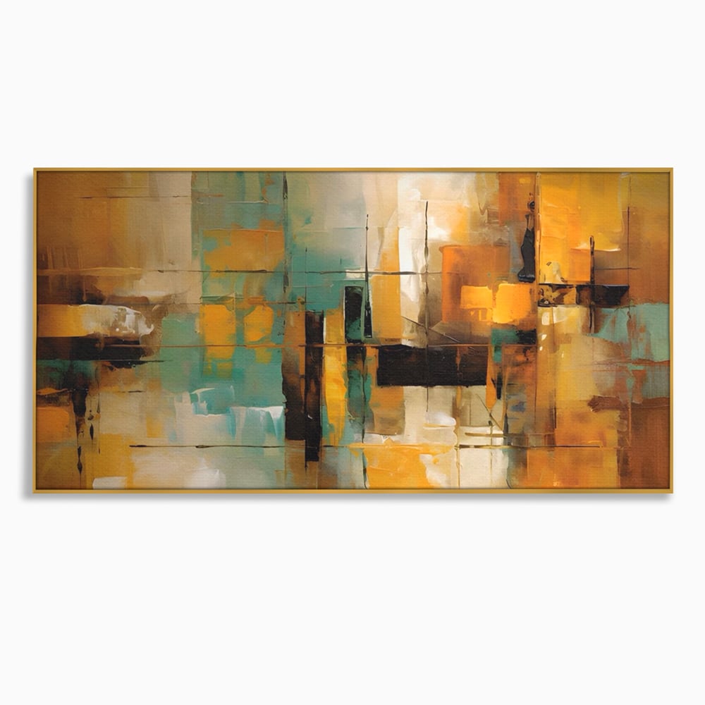 Tablou canvas cu pictura abstracta cu linii si portocaliu, in rama de aluminiu auriu