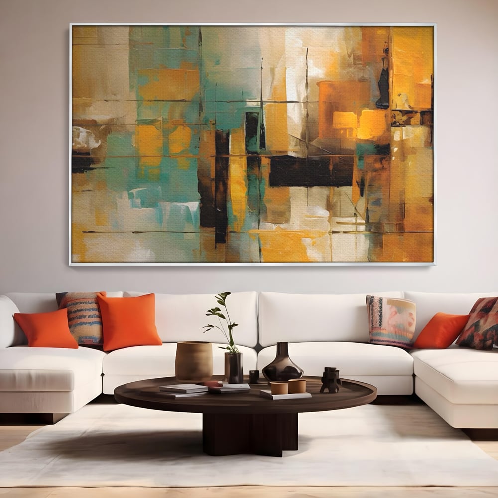 Tablou canvas cu pictura abstracta cu linii si portocaliu, in rama de aluminiu argintiu, pe perete intr-un living