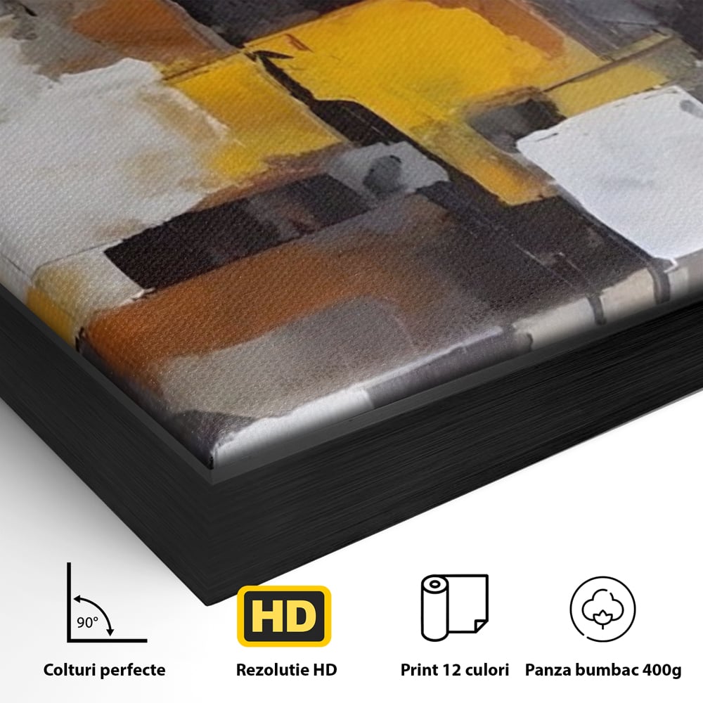 Detaliu al suprafetei: tablou canvas cu patrate abstracte, in rama de aluminiu negru