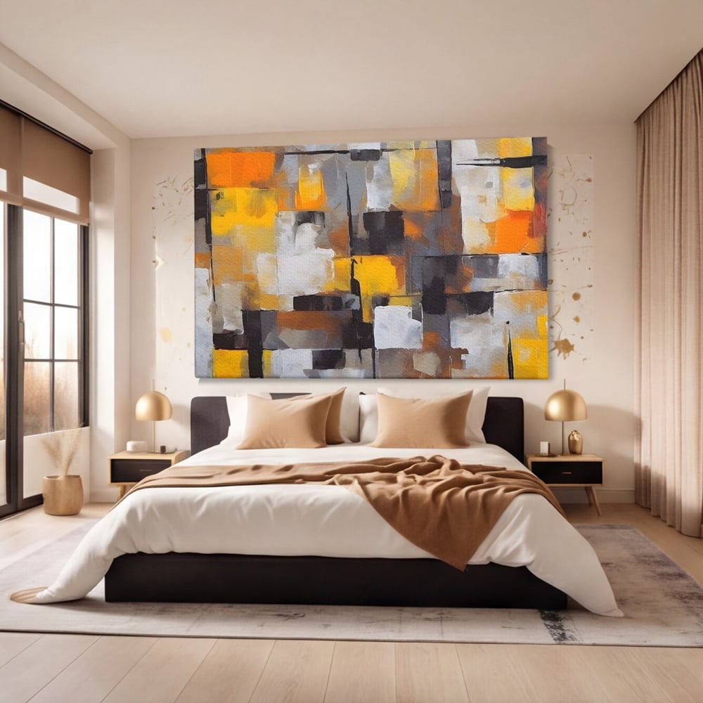 Tablou canvas cu tablou canvas cu patrate abstracte, fara rama, pe sasiu de lemn, pe perete intr-un dormitor