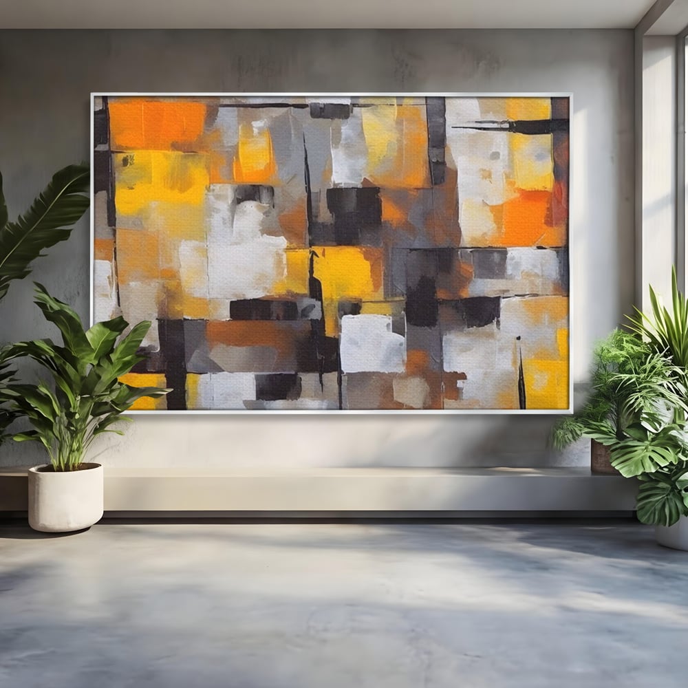 Tablou canvas cu tablou canvas cu patrate abstracte, in rama de aluminiu argintiu