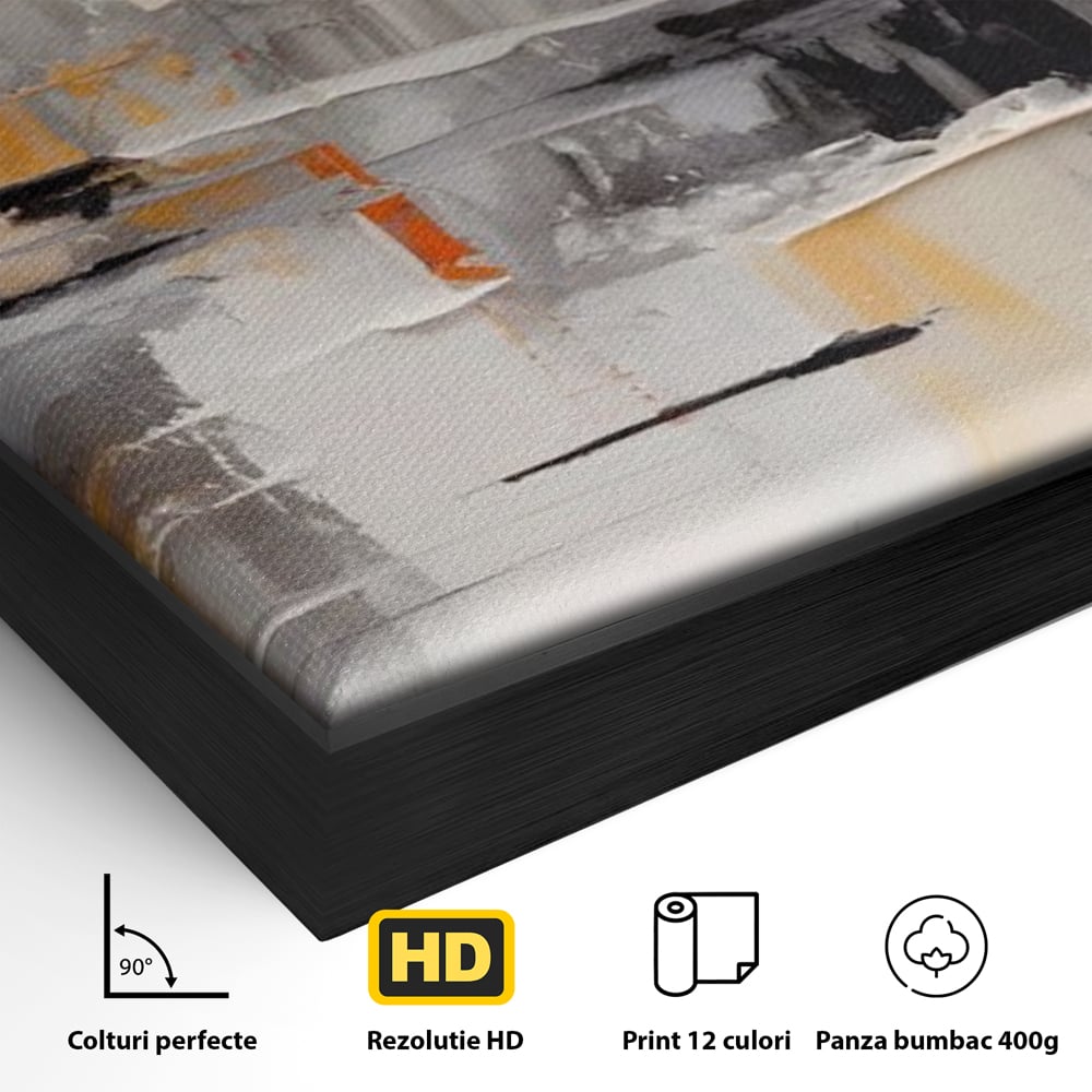 Detaliu al suprafetei: pictura abstracta gri cu pata portocalie, in rama de aluminiu negru