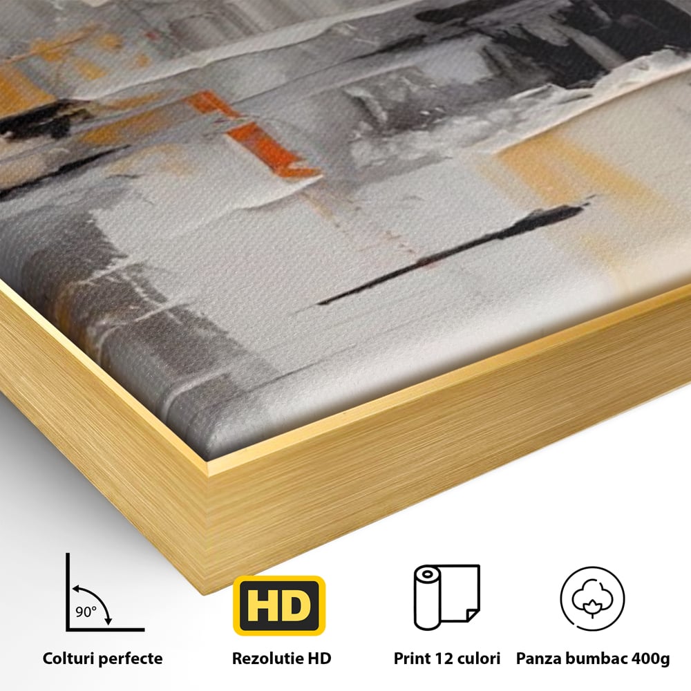 Detaliu al suprafetei: pictura abstracta gri cu pata portocalie, in rama de aluminiu auriu
