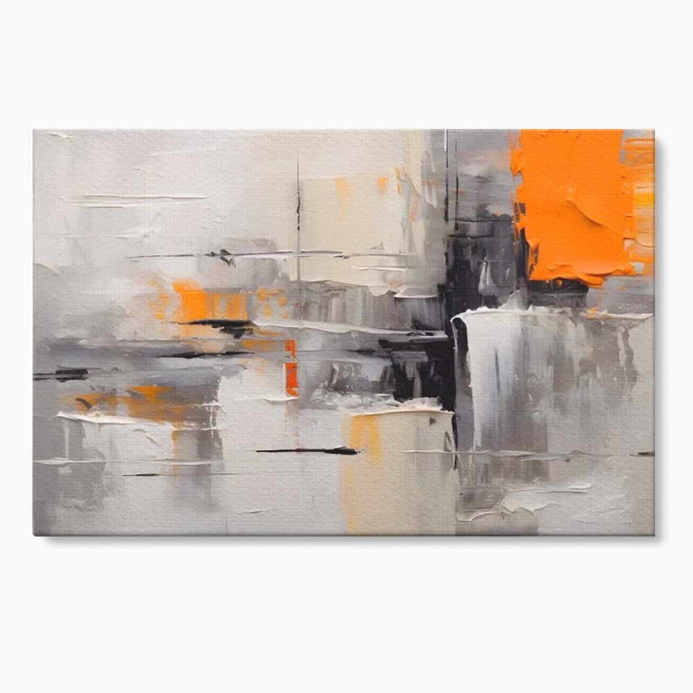 Tablou canvas cu pictura abstracta gri cu pata portocalie, fara rama, pe sasiu de lemn