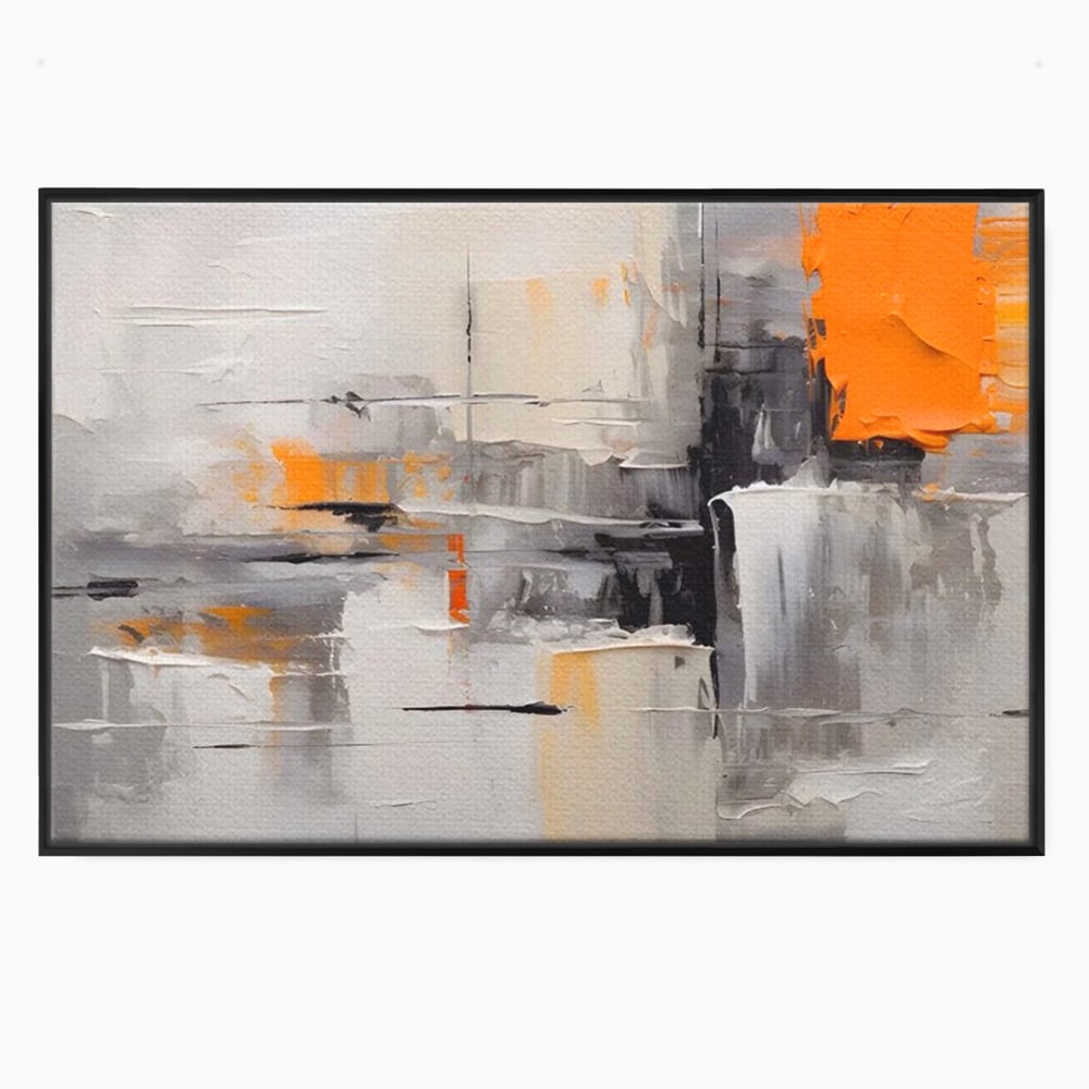 Tablou canvas cu pictura abstracta gri cu pata portocalie, in rama de aluminiu negru