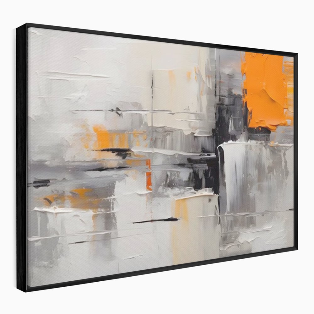 Tablou canvas cu pictura abstracta gri cu pata portocalie, in rama de aluminiu negru