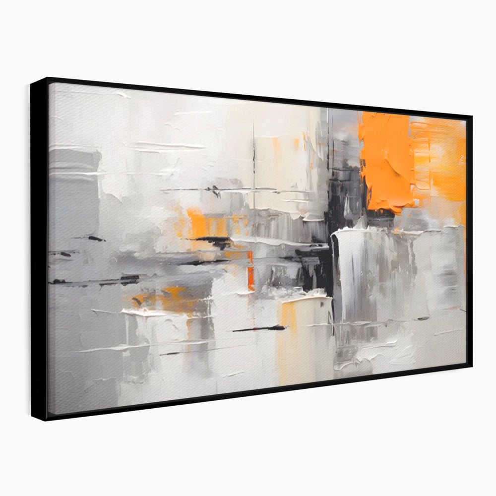 Tablou canvas cu pictura abstracta gri cu pata portocalie, in rama de aluminiu negru