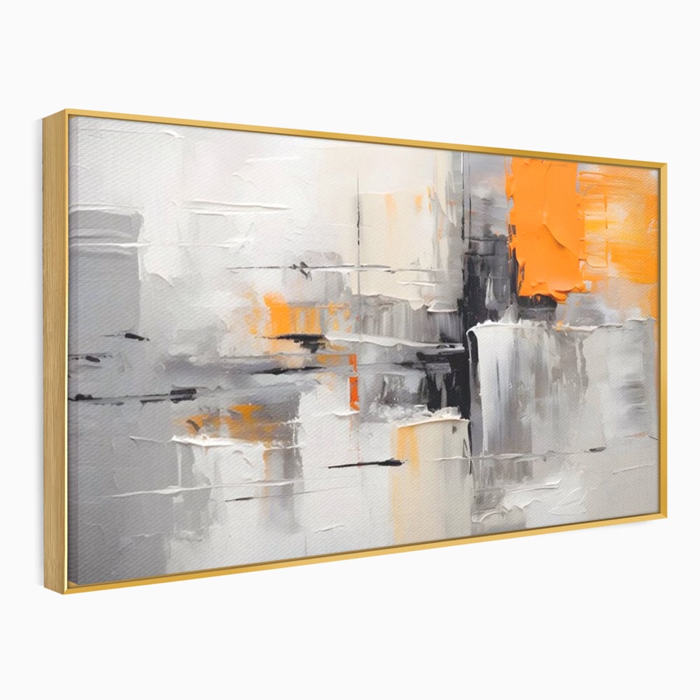 Tablou canvas cu pictura abstracta gri cu pata portocalie, in rama de aluminiu auriu