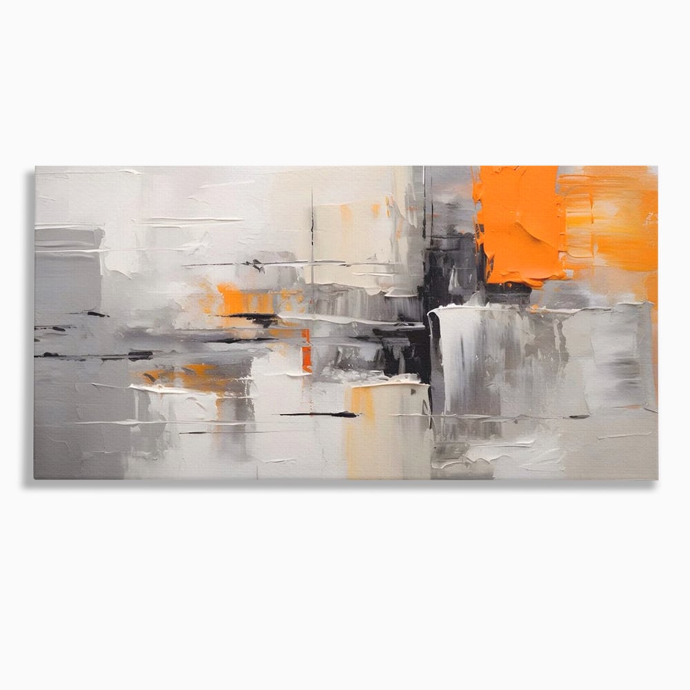 Tablou canvas cu pictura abstracta gri cu pata portocalie, fara rama, pe sasiu de lemn