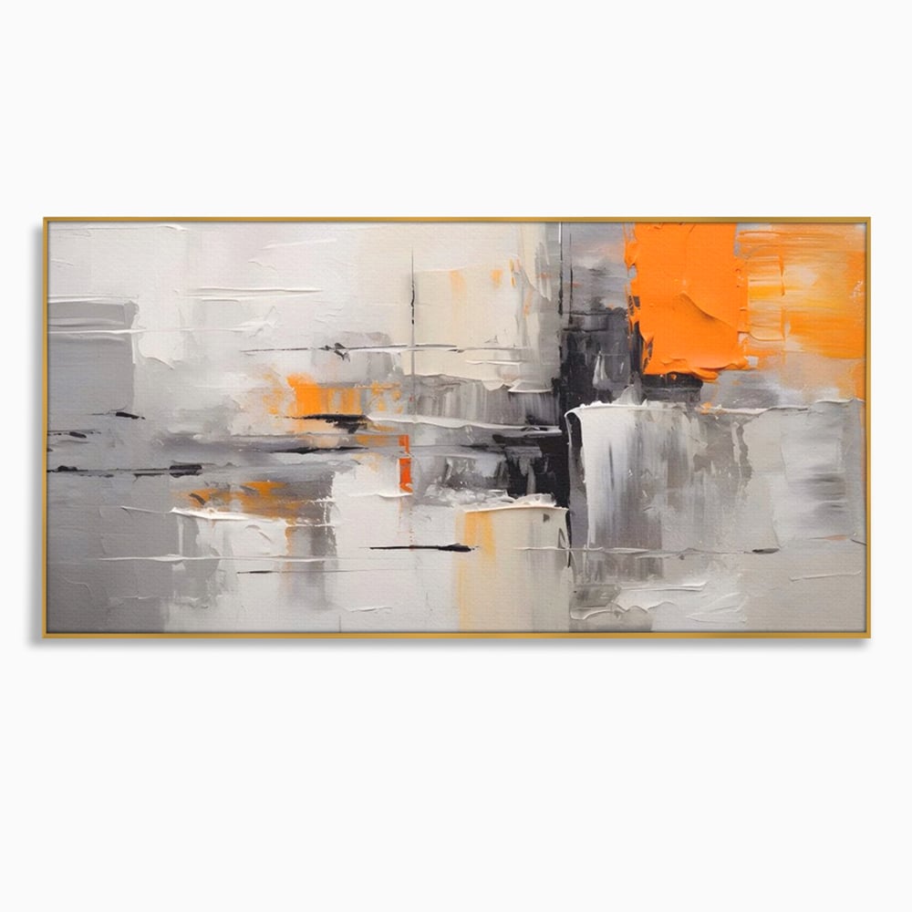 Tablou canvas cu pictura abstracta gri cu pata portocalie, in rama de aluminiu auriu
