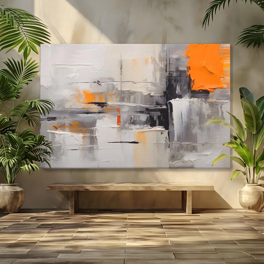 Tablou canvas cu pictura abstracta gri cu pata portocalie, fara rama, pe sasiu de lemn