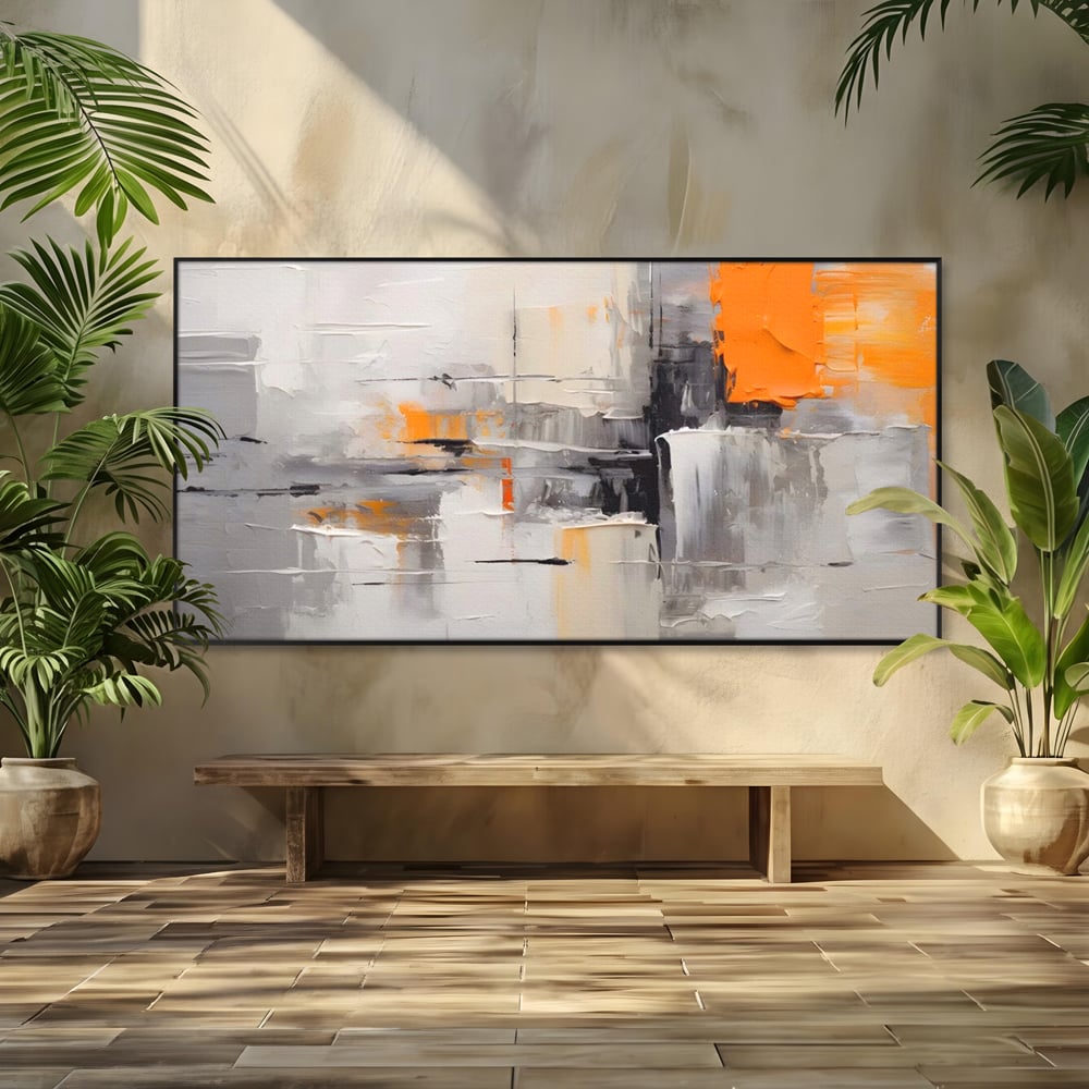 Tablou canvas cu pictura abstracta gri cu pata portocalie, in rama de aluminiu negru