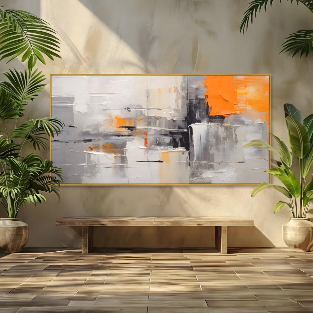 Tablou canvas cu pictura abstracta gri cu pata portocalie, in rama de aluminiu auriu