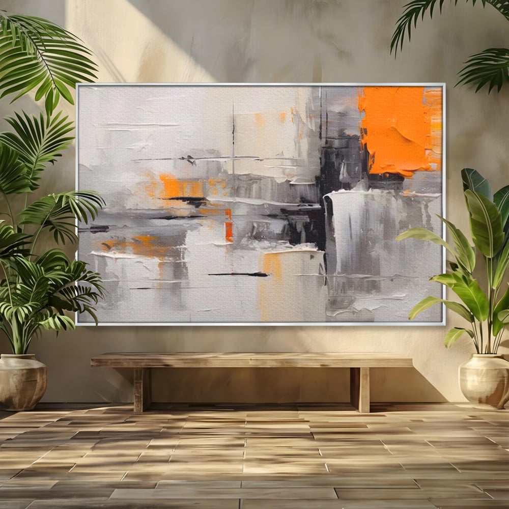 Tablou canvas cu pictura abstracta gri cu pata portocalie, in rama de aluminiu argintiu