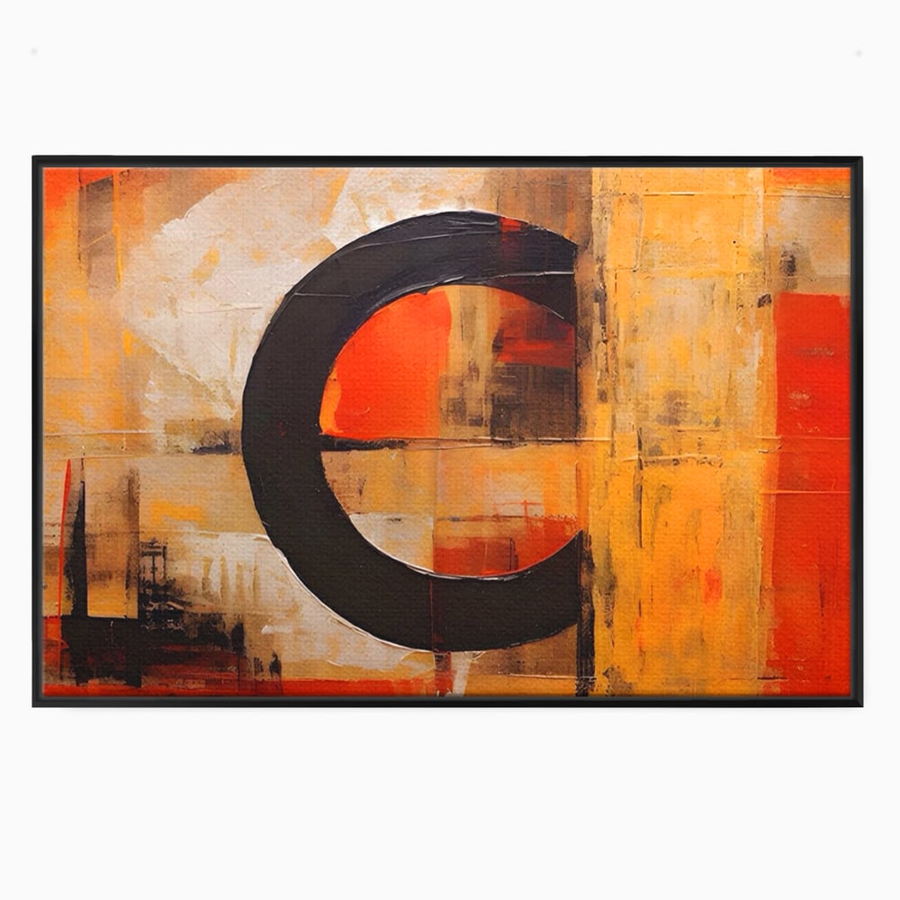 Tablou canvas cu pictura abstracta cu cerc negru, in rama de aluminiu negru