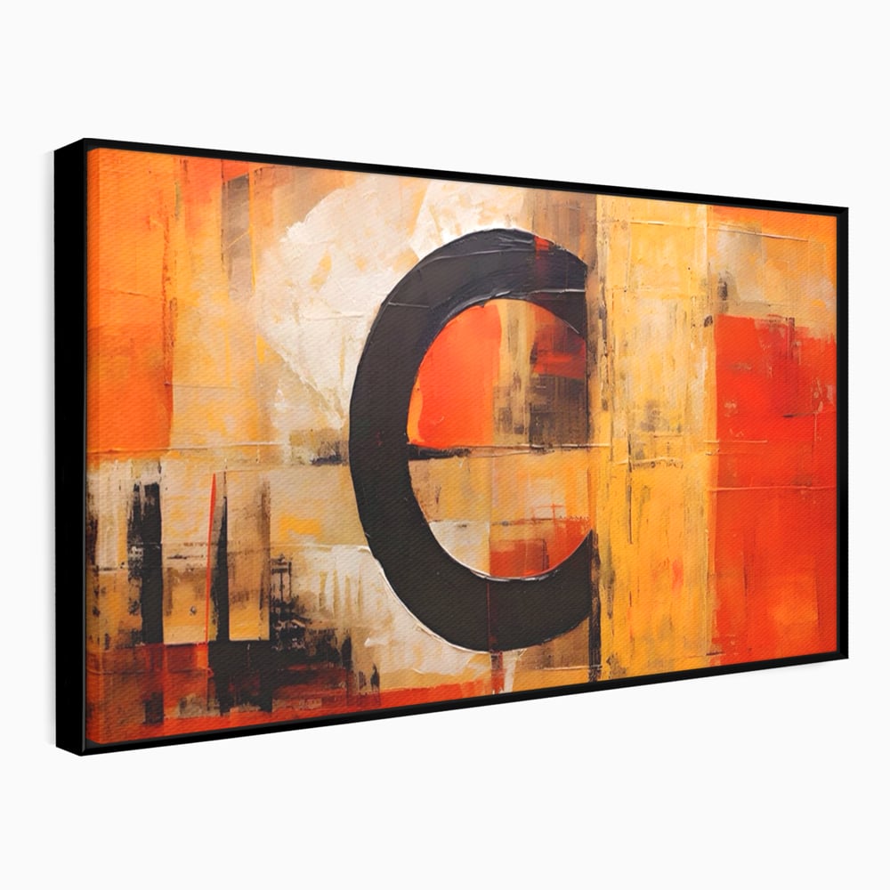 Tablou canvas cu pictura abstracta cu cerc negru, in rama de aluminiu negru