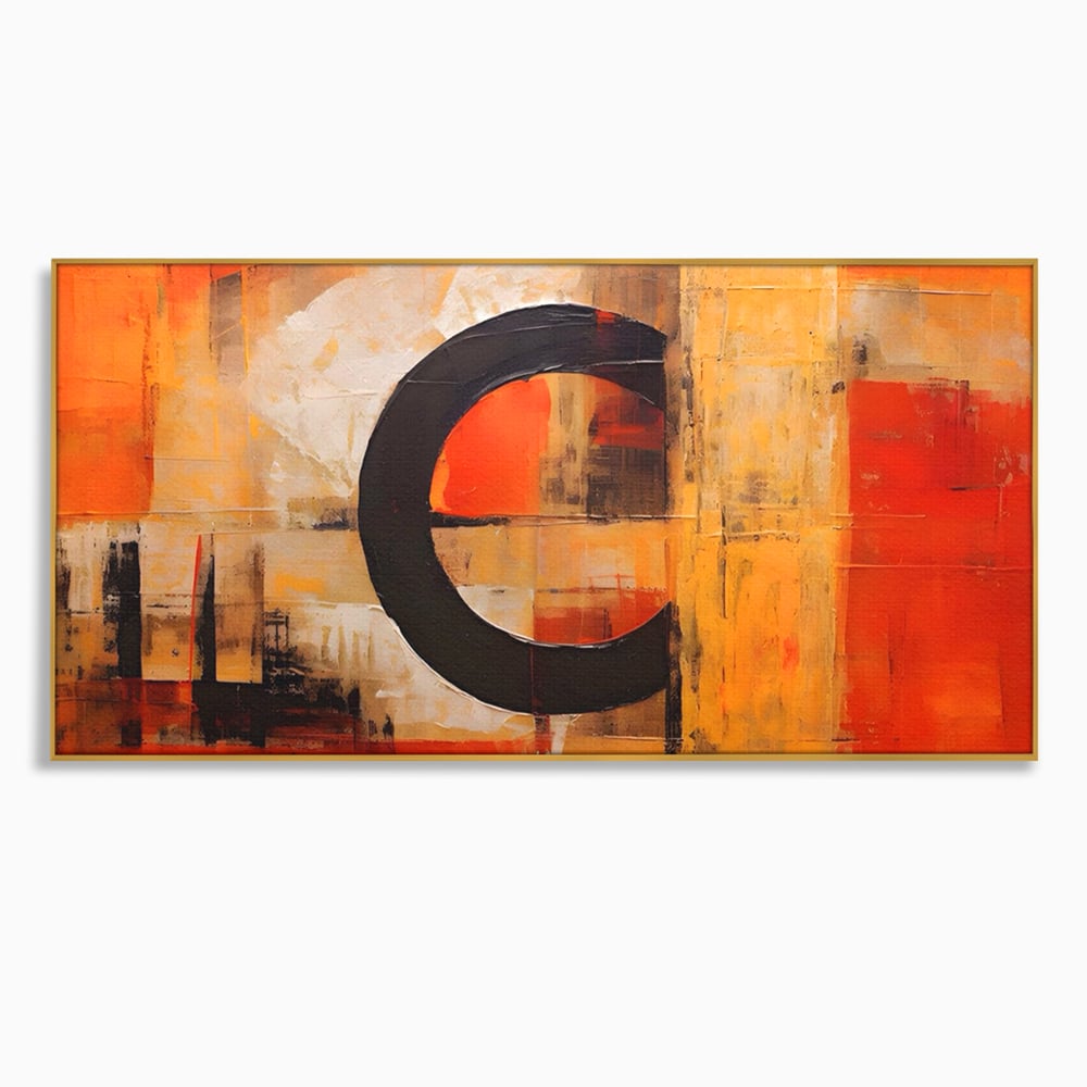 Tablou canvas cu pictura abstracta cu cerc negru, in rama de aluminiu auriu