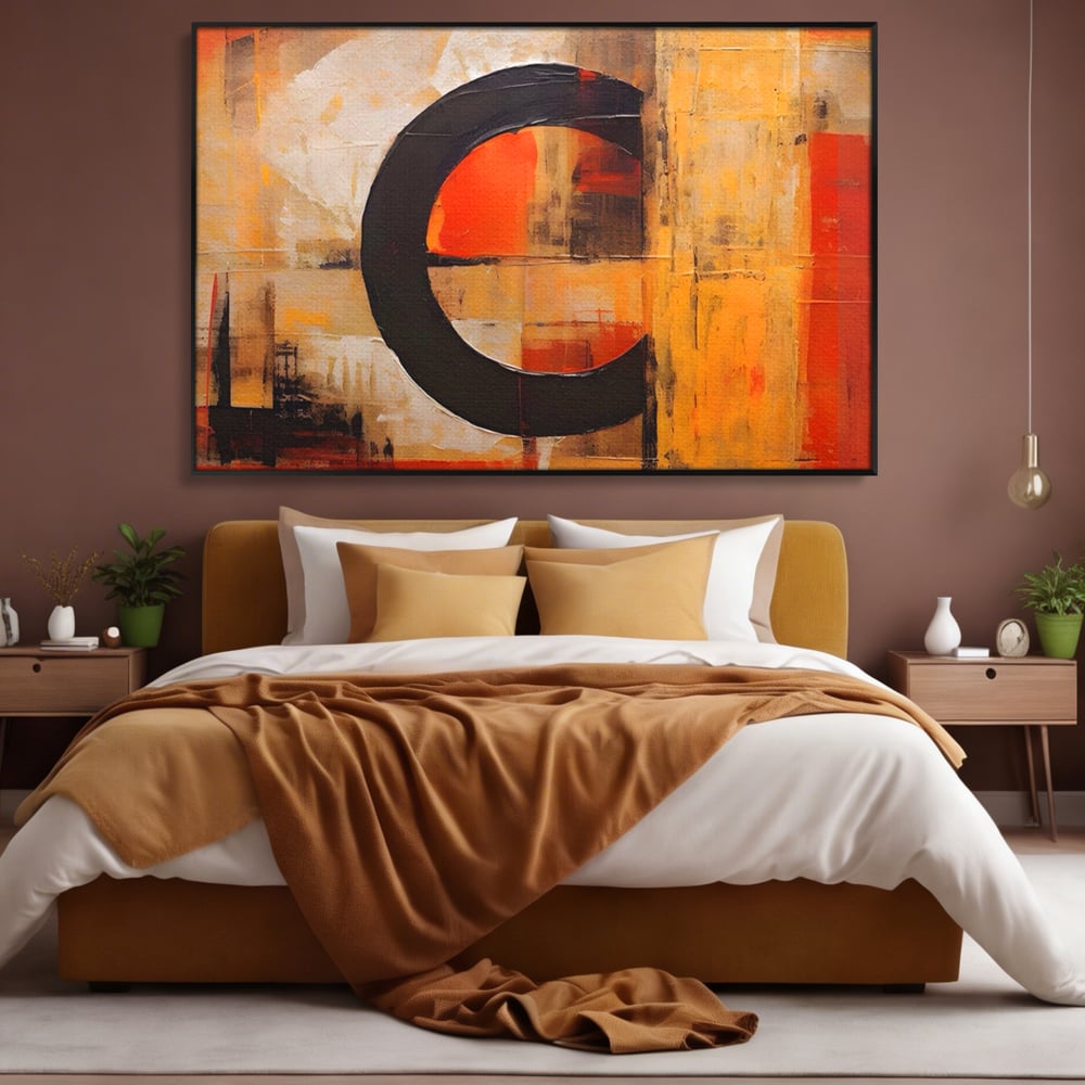 Tablou canvas cu pictura abstracta cu cerc negru, in rama de aluminiu negru, pe perete intr-un dormitor