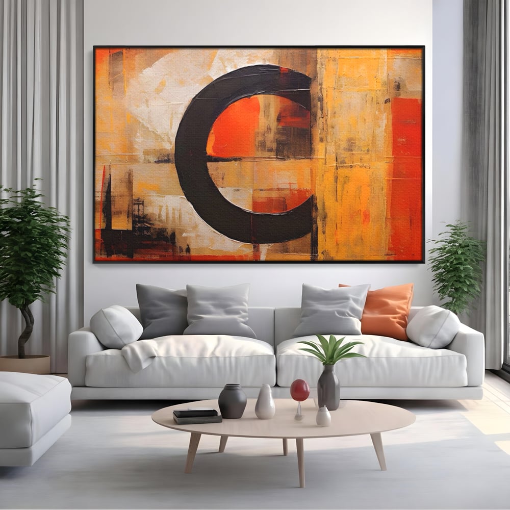 Tablou canvas cu pictura abstracta cu cerc negru, in rama de aluminiu negru, pe perete intr-un living