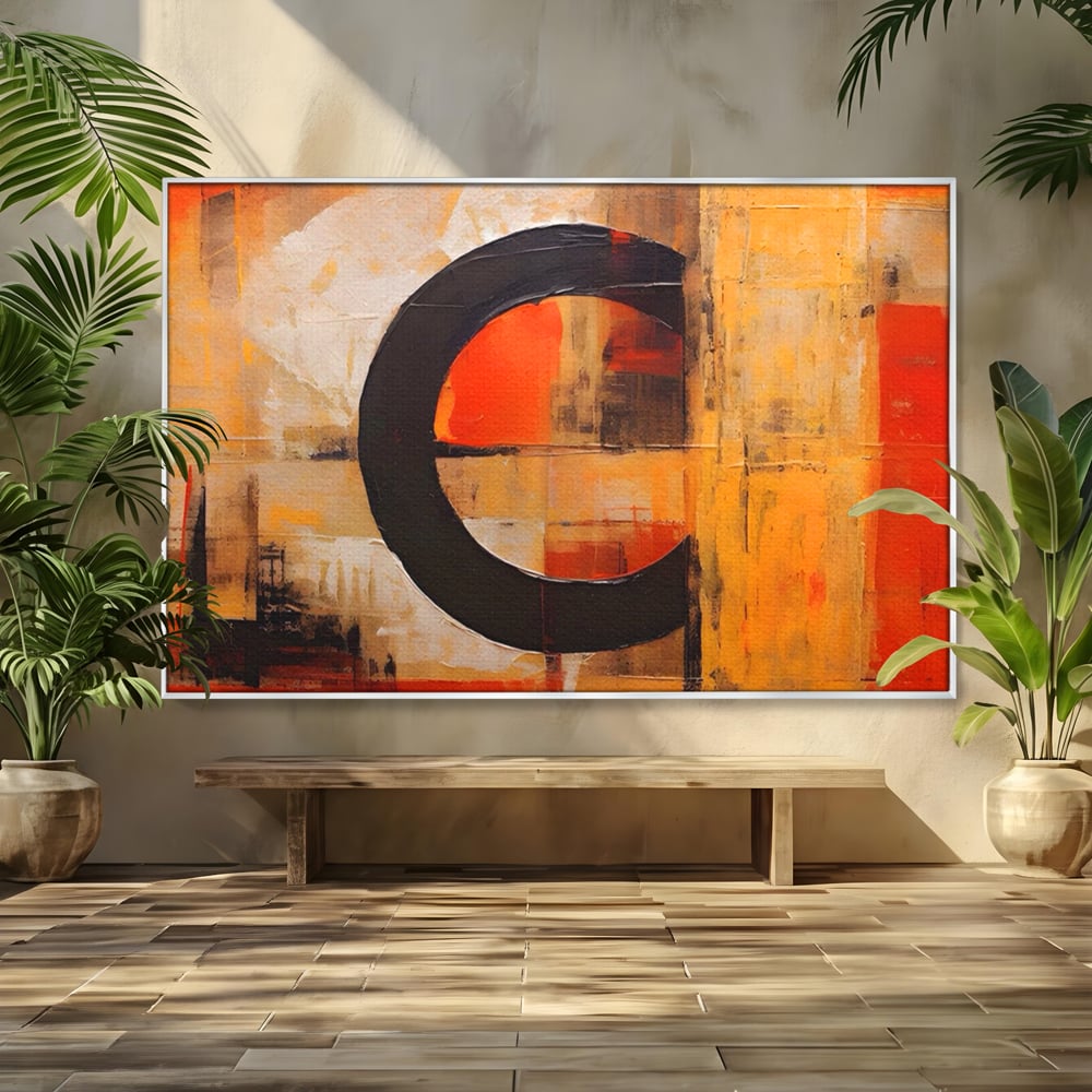 Tablou canvas cu pictura abstracta cu cerc negru, in rama de aluminiu argintiu