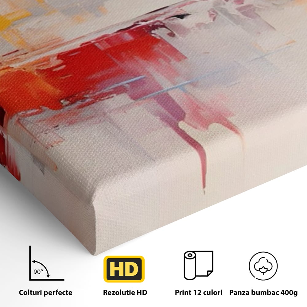 Detaliu al suprafetei: pictura abstracta cu reflexii colorate, fara rama, pe sasiu de lemn